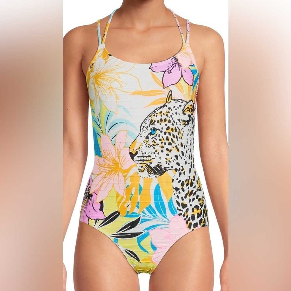 NWT Swimsuit Girls Size Large 11 13 One Piece Bathing Suit cheetah Floral